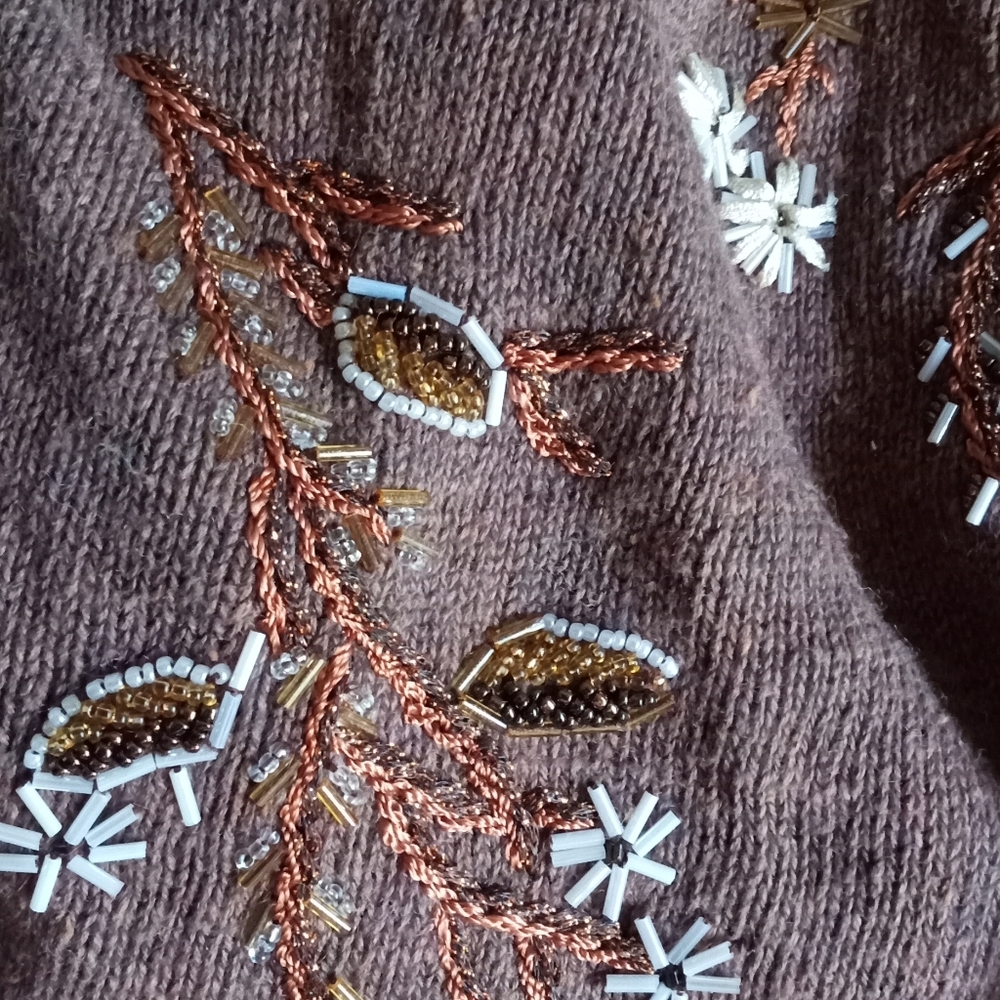 TIARA International Rich Brown Beads Embroidery Velvet Facing Cardigan-Size: M - Picture 9 of 15